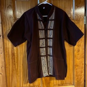 Men’s Burgundy Embroidered Boho Button Up